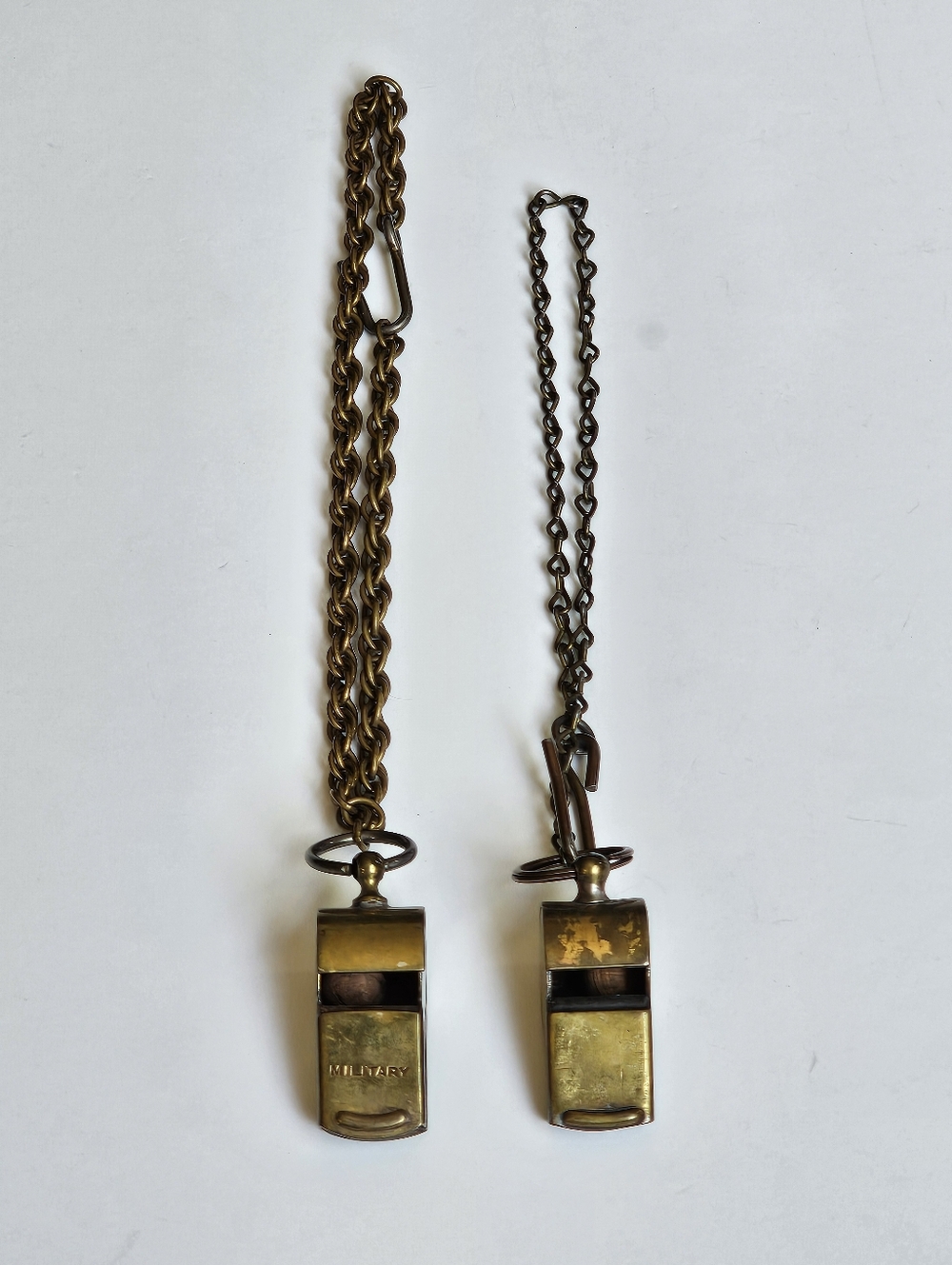 2 Vintage Brass WW2 Military Police Whistles w/ Chains